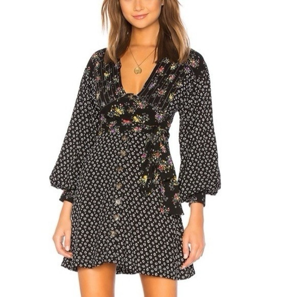 Free‎ People Woman Mini Dress Floral Print V-Neck  Black XS